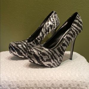 Guess “Bliss” sequin zebra heels